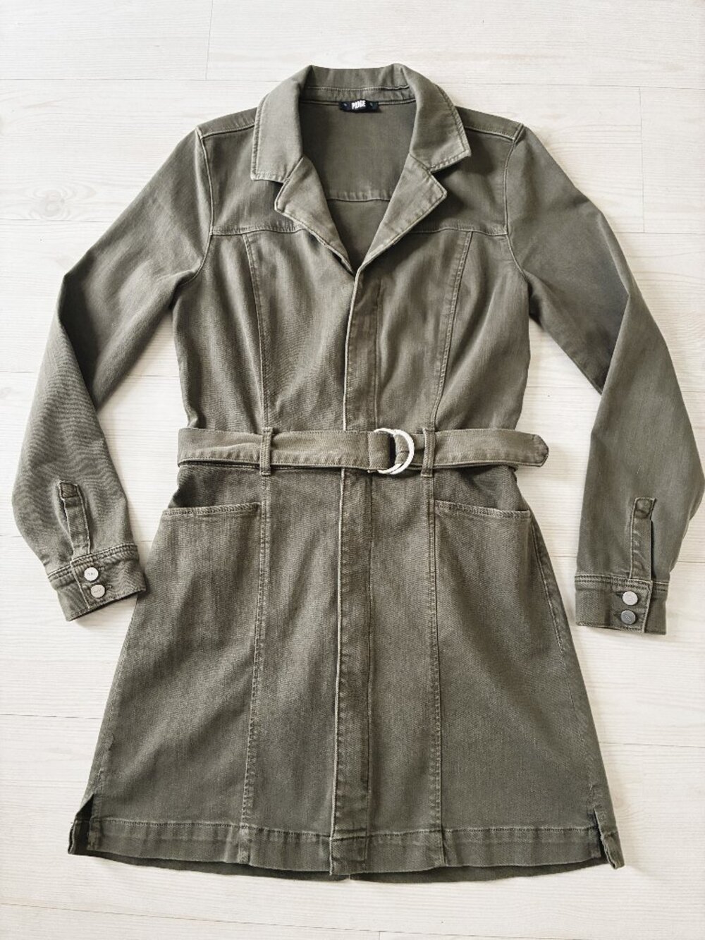 PAIGE Anessa Longsleeve Belted Denim Mini Shirtdress Vintage Green Size